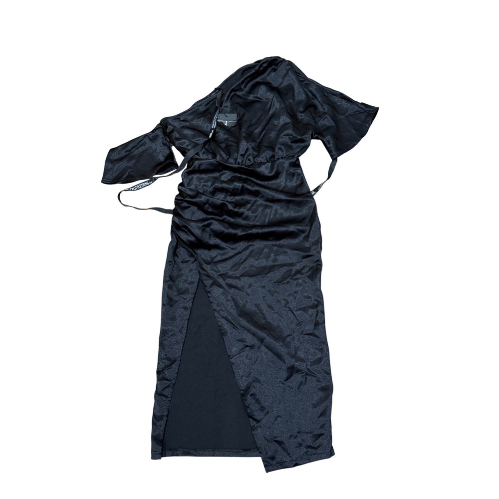 PrettyLittleThing Black Satin One Shoulder Ruched Midi Dress Slit 6 Cocktail NWT